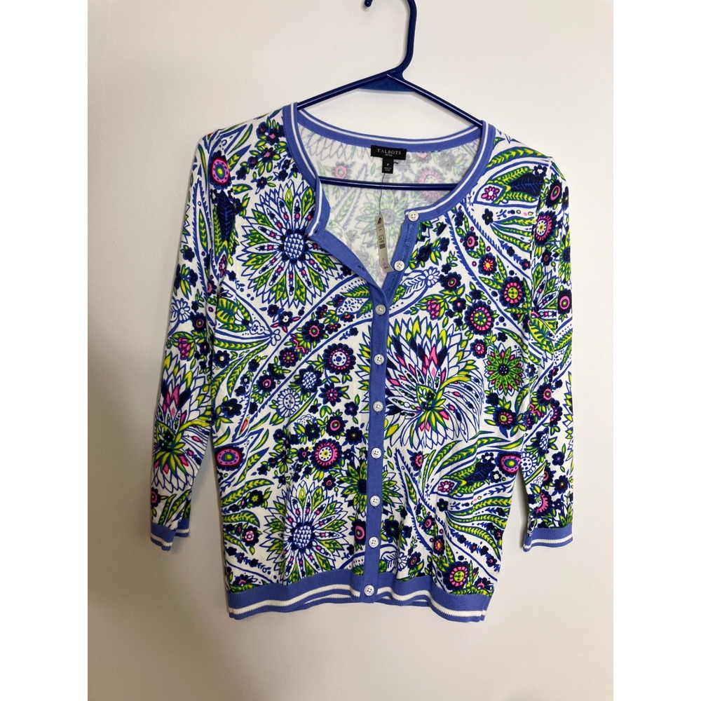 Talbots Cardigan Womens Petite P Blue Floral Paisley NWT 3/4 Sleeve Cotton Knit